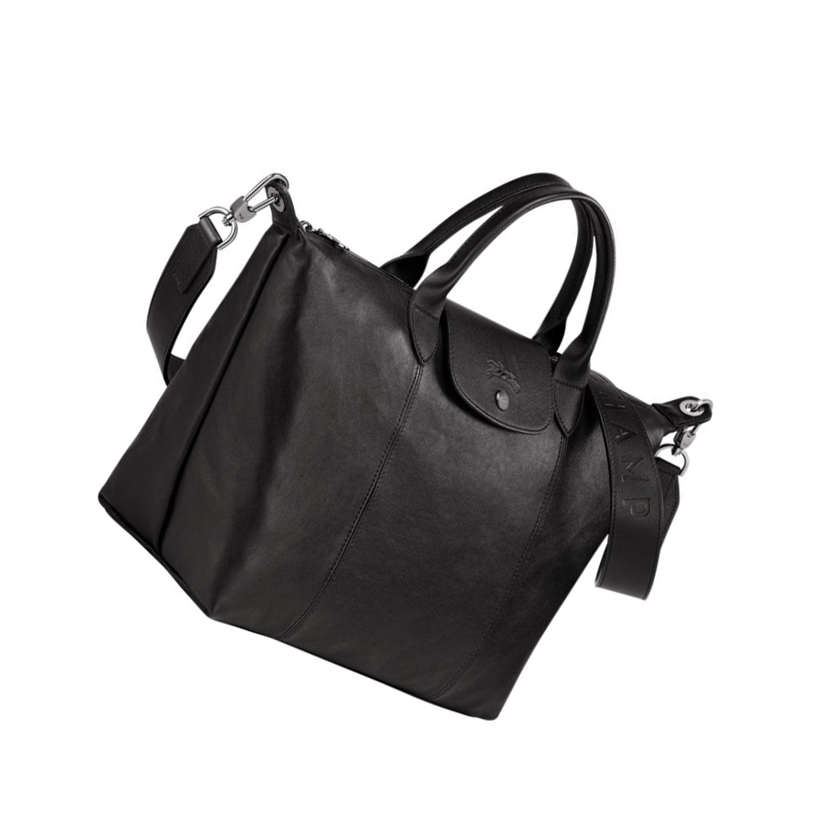 Longchamp Le Pliage Cuir M Naisten Käsilaukut Mustat | Fi-DCQH408